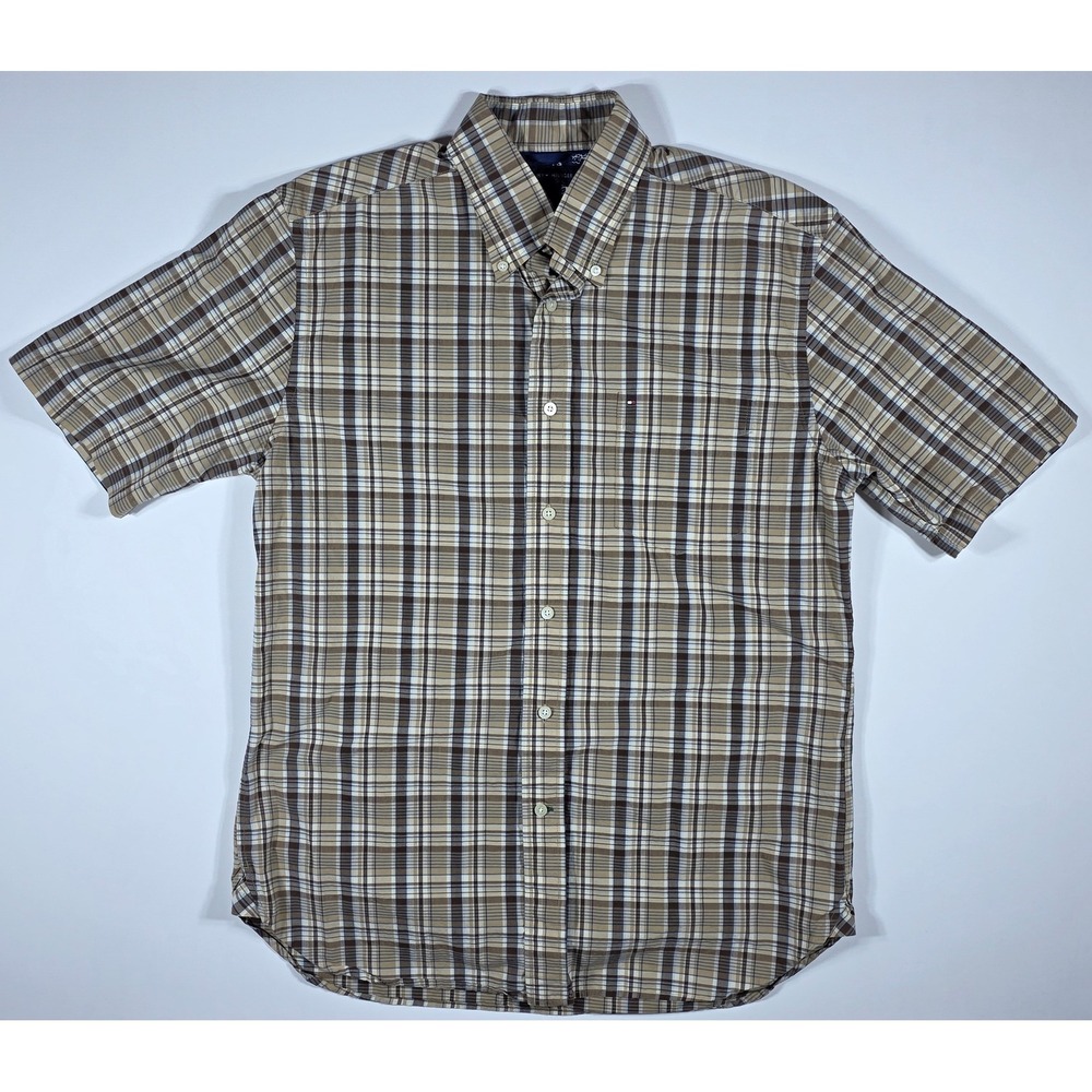 Tommy Hilfiger Men's Brown Plaid Short Sleeve Button Down Shirt Medium